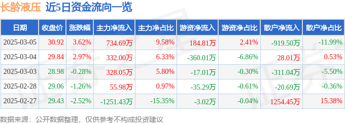 长龄液压（605389）3月5日主力资金净买入73469万元(图1)