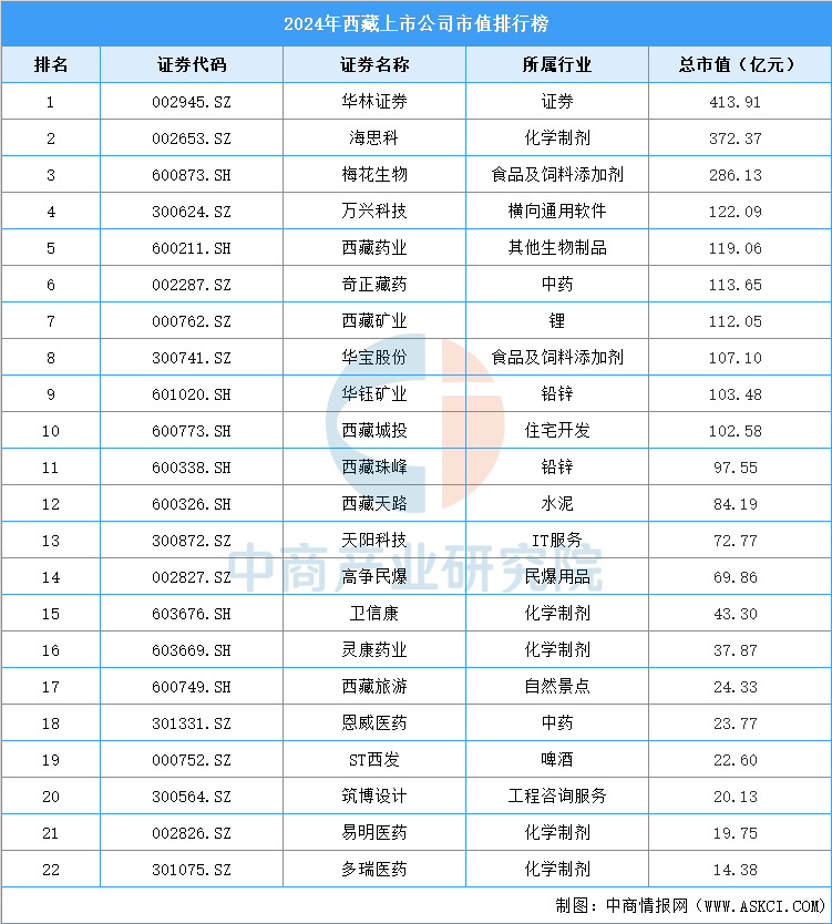 2024年西藏上市公司市值排行榜（附榜单）(图1)